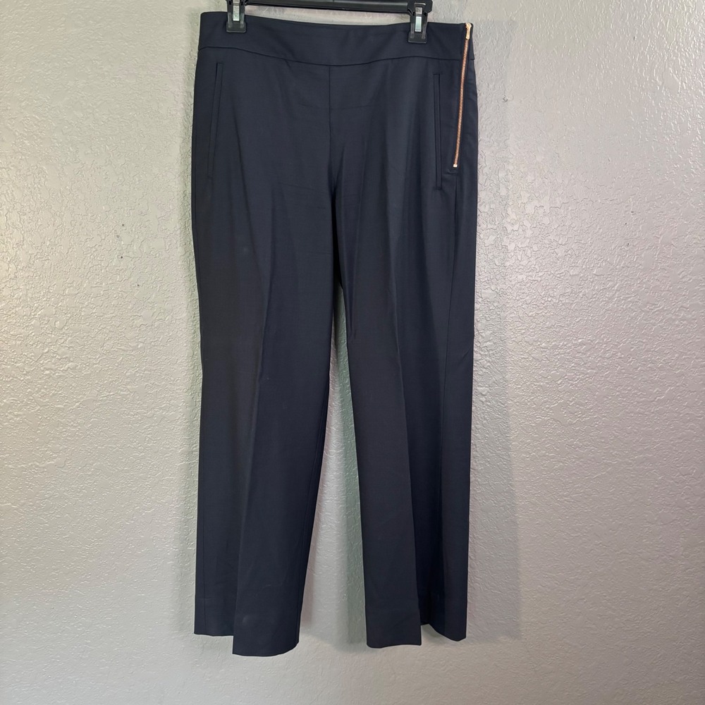 Kit and Ace Navy Blue Wide Leg Trousers Rose Gold Side Zip Wool Blend Size 10